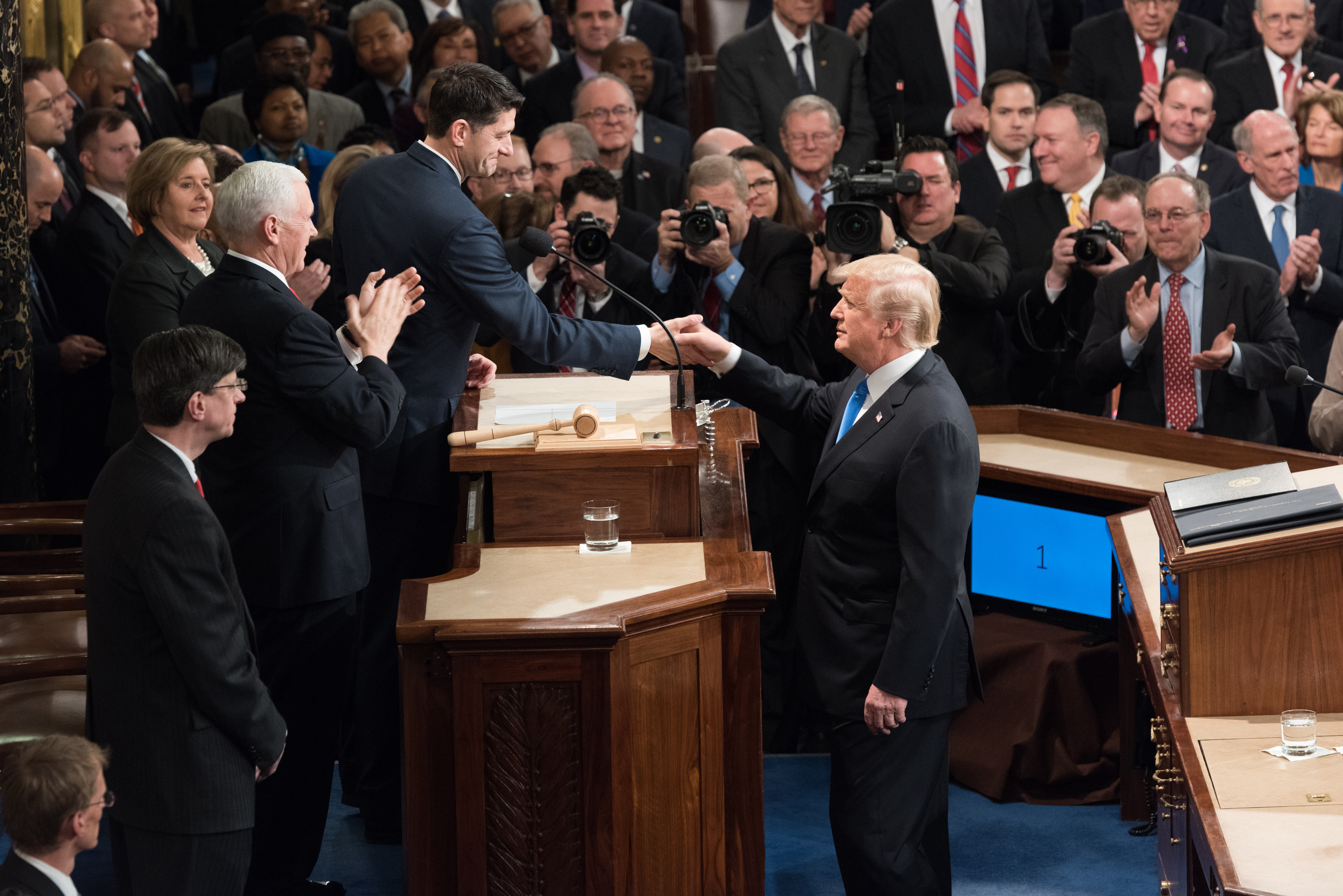 President Donald J. Trump and U.S. House of Representatives Speaker Paul Ryan shake hands 